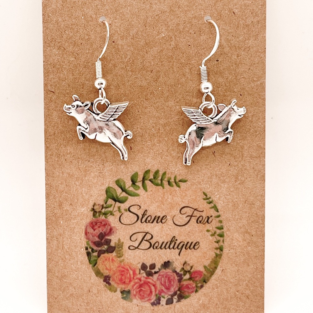 When Pigs Fly, Sterling Silver Hook Wire Earrings with Novelty Winged Pig Charms